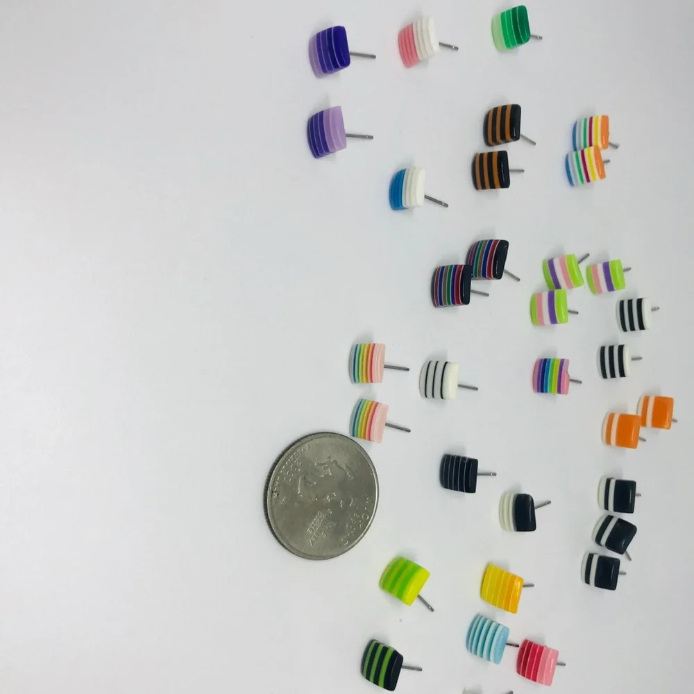 Multi Color Minimalist Repurposed Vintage Striped Bead Stud Earrings